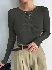 1 件女士纯色圆领长袖修身商务休闲套头衫，秋季女装 - 軍綠色 - 查看 4