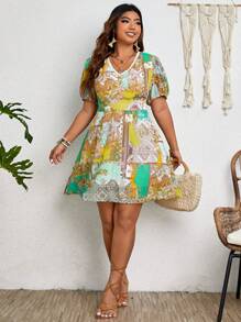 SHEIN Clasi Hơn In chắp vá Ống tay áo Đầm - Nhiều màu - Xem 7