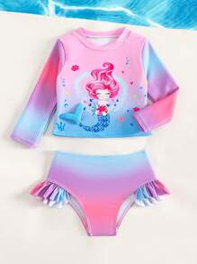 女婴美人鱼印花荷叶边沙滩装夏季海滩装 - 彩色 - 查看 3