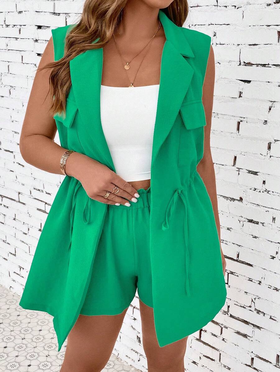 SHEIN LUNE Plus Lapel Neck Drawstring Waist Blazer & Shorts