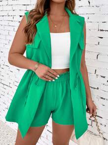 SHEIN LUNE Plus Lapel Neck Drawstring Waist Blazer & Shorts