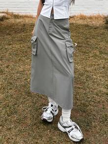 DAZY Flap Pocket Side Cargo Skirt - Grey - View 2