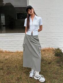 DAZY Flap Pocket Side Cargo Skirt - Grey - View 3