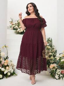 Modelyn 大碼一字肩荷葉邊蕾絲連衣裙 - 酒紅色 - 查看 1