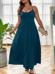 SHEIN LUNE Plus Solid Cami Dress - Teal Blue - View 1