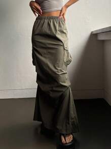 DAZY 素色側翻蓋口袋工裝裙 - 綠色 - 查看 1