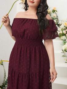 Modelyn 大碼一字肩荷葉邊蕾絲連衣裙 - 酒紅色 - 查看 6