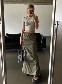 DAZY 素色側翻蓋口袋工裝裙 - 綠色 - 查看 6