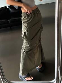 DAZY 素色側翻蓋口袋工裝裙 - 綠色 - 查看 9