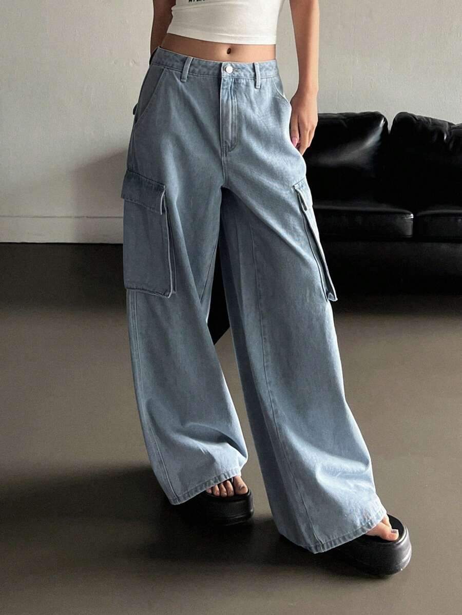 DAZY Flap Pocket Side Wide Leg Jeans - Light Wash - View 1