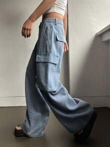 DAZY Flap Pocket Side Wide Leg Jeans - Light Wash - View 2