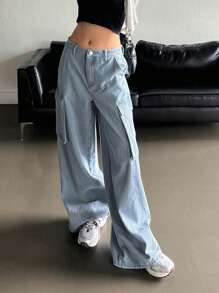 DAZY Flap Pocket Side Wide Leg Jeans - Light Wash - View 4