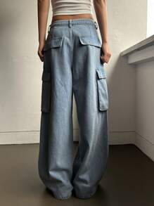 DAZY Flap Pocket Side Wide Leg Jeans - Light Wash - View 5