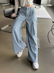 DAZY Flap Pocket Side Wide Leg Jeans - Light Wash - View 7