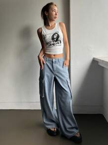 DAZY Flap Pocket Side Wide Leg Jeans - Light Wash - View 8