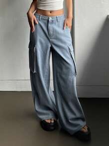 DAZY Flap Pocket Side Wide Leg Jeans - Light Wash - View 9