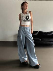 DAZY Flap Pocket Side Wide Leg Jeans - Light Wash - View 10