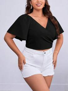 SHEIN Privé Plus Solid Wrap Crop Blouse - Black - View 4