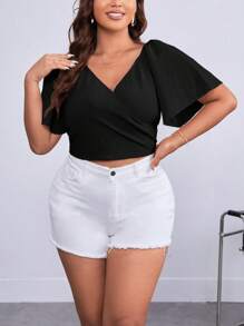 SHEIN Privé Plus Solid Wrap Crop Blouse - Black - View 5