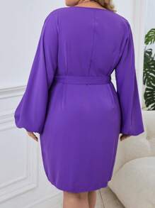 SHEIN Privé Plus Lantern Sleeve Knot Side Wrap Dress - Purple - View 2