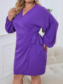 SHEIN Privé Plus Lantern Sleeve Knot Side Wrap Dress - Purple - View 3