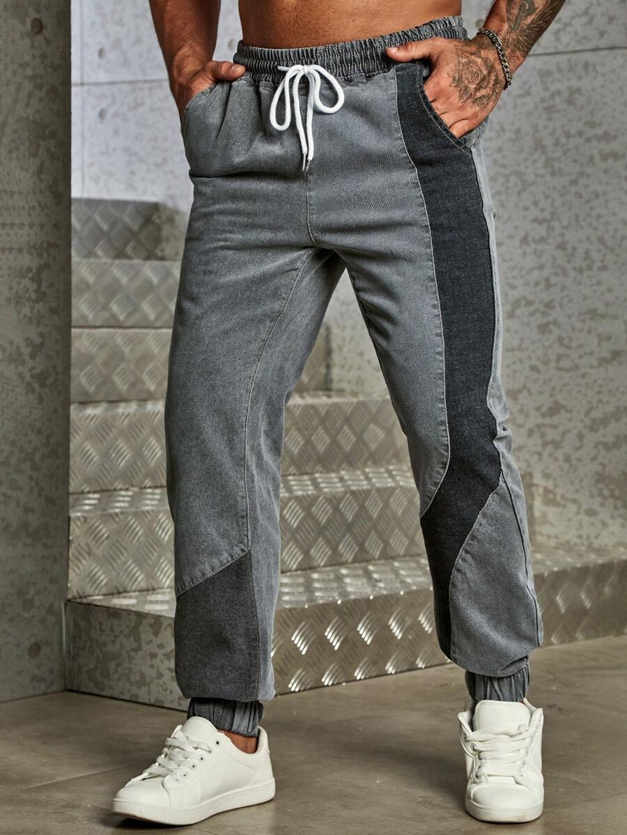 Manfinity Homme 男士撞色腰部抽繩束腳牛仔褲 - 灰色 - 查看 1