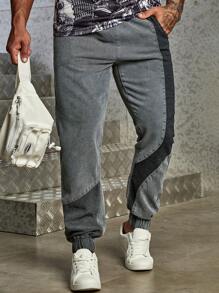 Manfinity Homme 男士撞色腰部抽繩束腳牛仔褲 - 灰色 - 查看 3