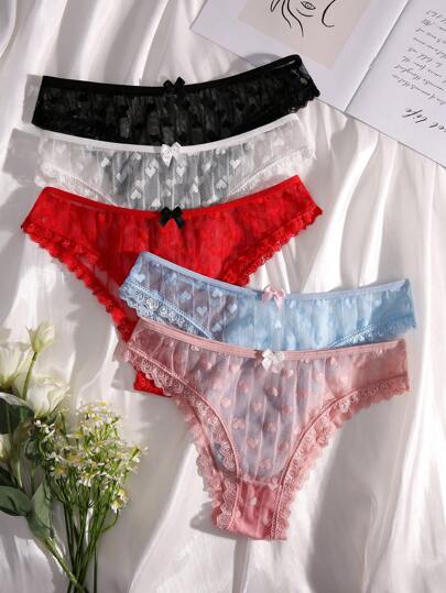 PetitDoll 5入組花朵花邊蝴蝶結裝飾女士底褲套裝，性感內衣