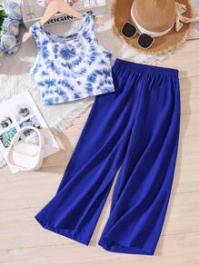 SHEIN 女大童紮染背心上衣和闊腿褲