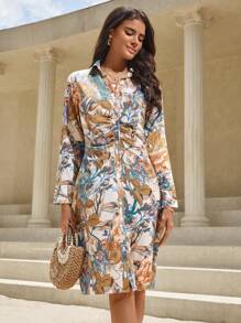 SHEIN Privé Floral Print Ruched Front Shirt Dress - Multicolor - View 1