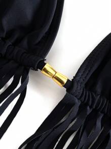 SHEIN Fringe Hem Halter Triangle Tie Side Bikini Set For Summer Beach - Black - View 3