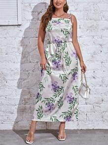SHEIN Privé Plus Floral Print Tie Shoulder Cami Dress - White - View 2