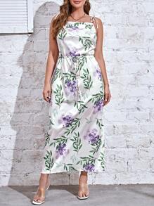 SHEIN Privé Plus Floral Print Tie Shoulder Cami Dress - White - View 4