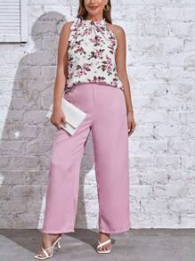 SHEIN Clasi Hơn In hoa Cà vạt Áo & Quần ống rộng - Hồng - Xem 1