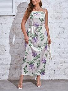 SHEIN Privé Plus Floral Print Tie Shoulder Cami Dress - White - View 5