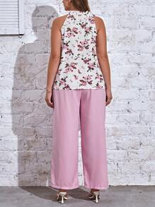 SHEIN Clasi Hơn In hoa Cà vạt Áo & Quần ống rộng - Hồng - Xem 2