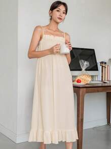 DAZY Vestido para dormir de tirantes ribete con fruncido - Beis - Ver 3