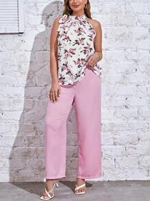 SHEIN Clasi Hơn In hoa Cà vạt Áo & Quần ống rộng - Hồng - Xem 3