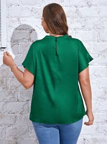 SHEIN Privé 大碼小高領蝙蝠袖緞面襯衫 - 綠色 - 查看 3
