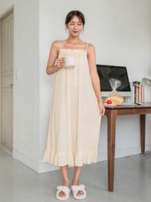 DAZY Vestido para dormir de tirantes ribete con fruncido - Beis - Ver 4