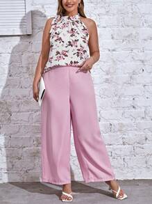 SHEIN Clasi Hơn In hoa Cà vạt Áo & Quần ống rộng - Hồng - Xem 4