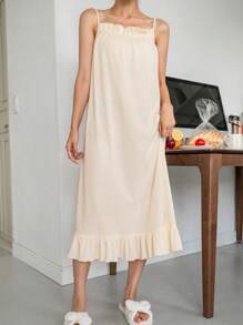 DAZY Vestido para dormir de tirantes ribete con fruncido - Beis - Ver 5