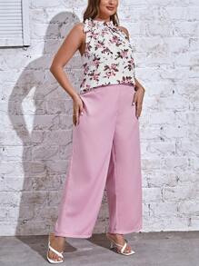 SHEIN Clasi Hơn In hoa Cà vạt Áo & Quần ống rộng - Hồng - Xem 5