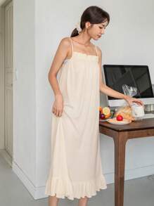 DAZY Vestido para dormir de tirantes ribete con fruncido - Beis - Ver 6