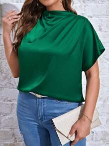 SHEIN Privé 大碼小高領蝙蝠袖緞面襯衫 - 綠色 - 查看 1