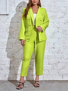 SHEIN Essnce Talla grande Pantalones con blazer de doble botonadura - Verde Lima - Ver 1