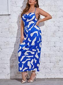 SHEIN Privé Plus Allover Print Draped Collar Cami Dress - Blue and White - View 6