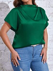 SHEIN Privé 大碼小高領蝙蝠袖緞面襯衫 - 綠色 - 查看 5