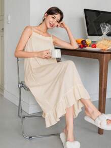 DAZY Vestido para dormir de tirantes ribete con fruncido - Beis - Ver 8