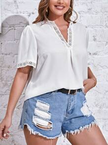 SHEIN Clasi Hơn Chèn ren Guipure Áo sơ mi - trắng - Xem 4